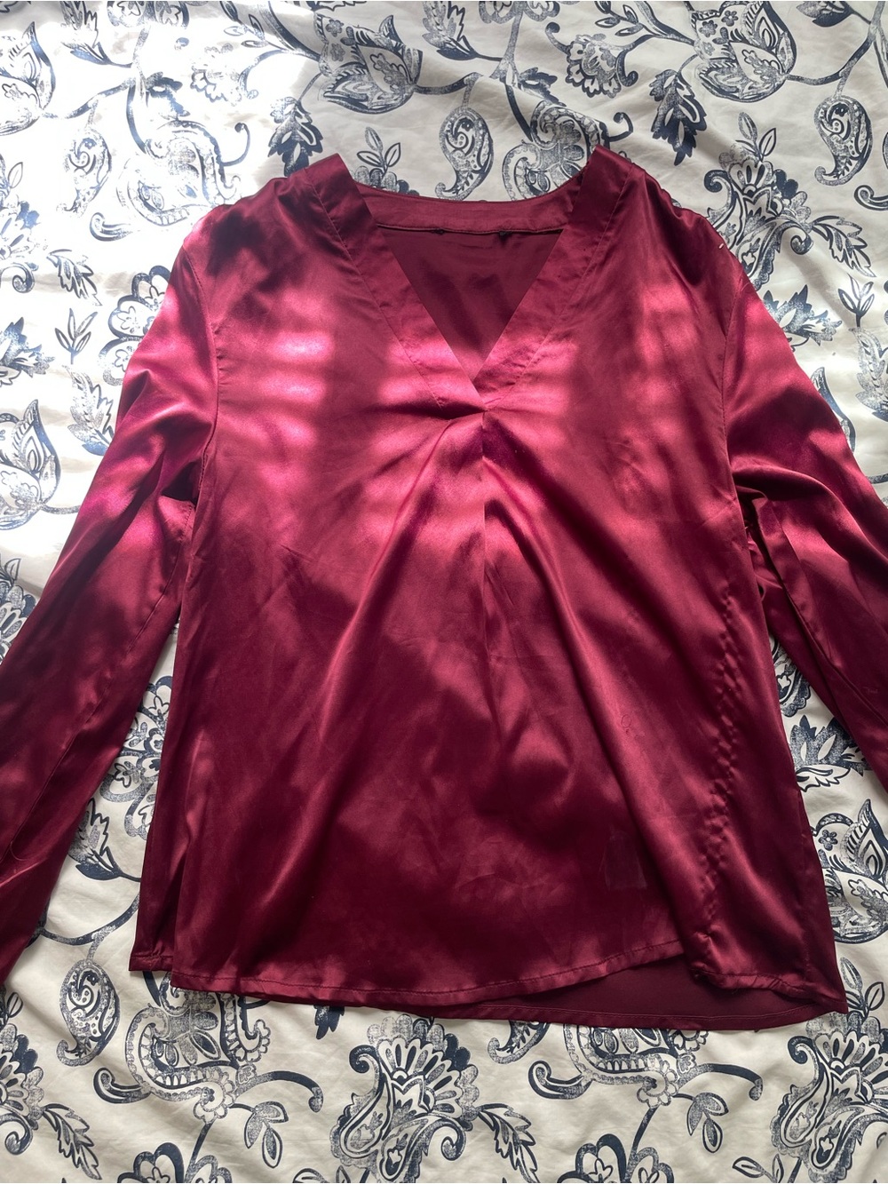 Women's V-Neck Satin Blouse - Burgundy